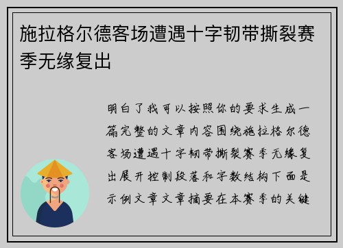施拉格尔德客场遭遇十字韧带撕裂赛季无缘复出