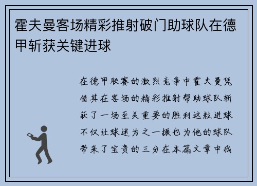 霍夫曼客场精彩推射破门助球队在德甲斩获关键进球